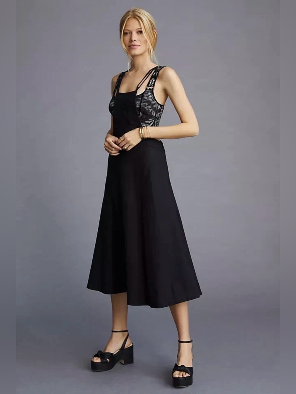 Anthropologie Black modern pinafore bib Midi Dress  size 6 cotton blend NWT